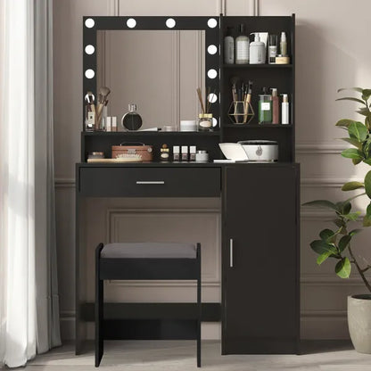 Vanity Desk With Mirror & Light, Large Drawer Three Level Storage Dresser, 3 Lighting Modes Adjustable Brightness, Bedroom Dressing Table(black)