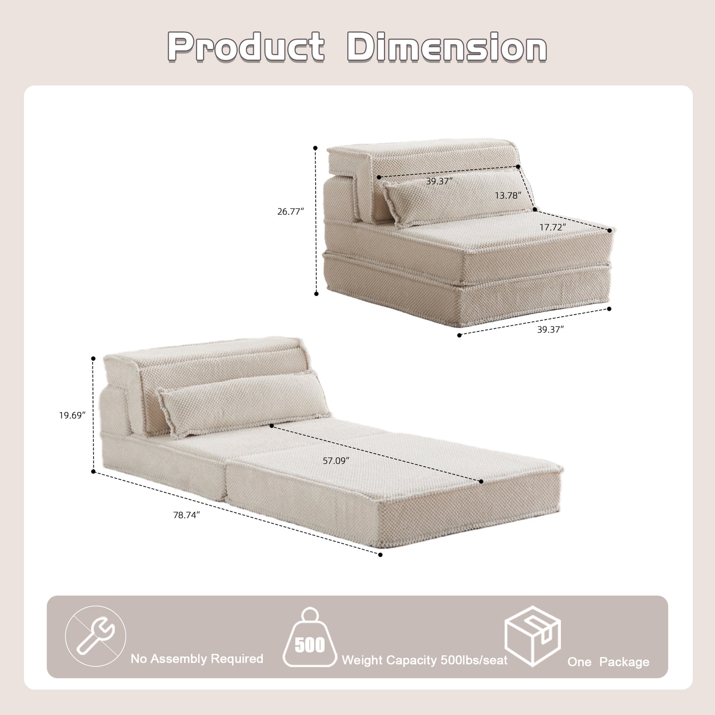 Compression Mahjong Sofa,Convertible Floor Sofa Bed,DIY Boneless Modular Sectional Sofa,No Assembly Required,Circle Fleece Fabric,Oversized Single Sofa With 1 Pillow,White