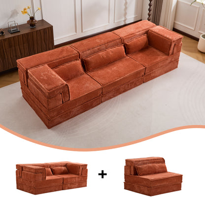 Compression Mahjong Sofa,Convertible Floor Sofa Bed,DIY Boneless Modular Sectional Sofa,No Assembly Required,Circle Fleece Fabric,Oversized 3 Seater With 3 Pillows,Orange