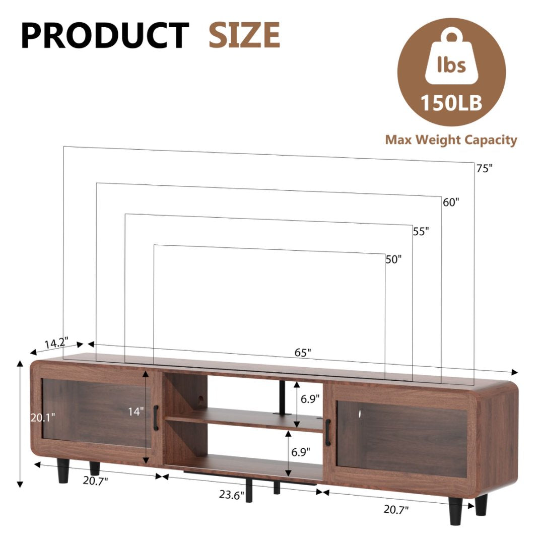 Mid Century Modern TV Stand For 55,60,65,70 Inch TV, Wood Entertainment Center With Power Outlets, Media Console With Sliding Doors And Open Shelf For Living Room, Walnut