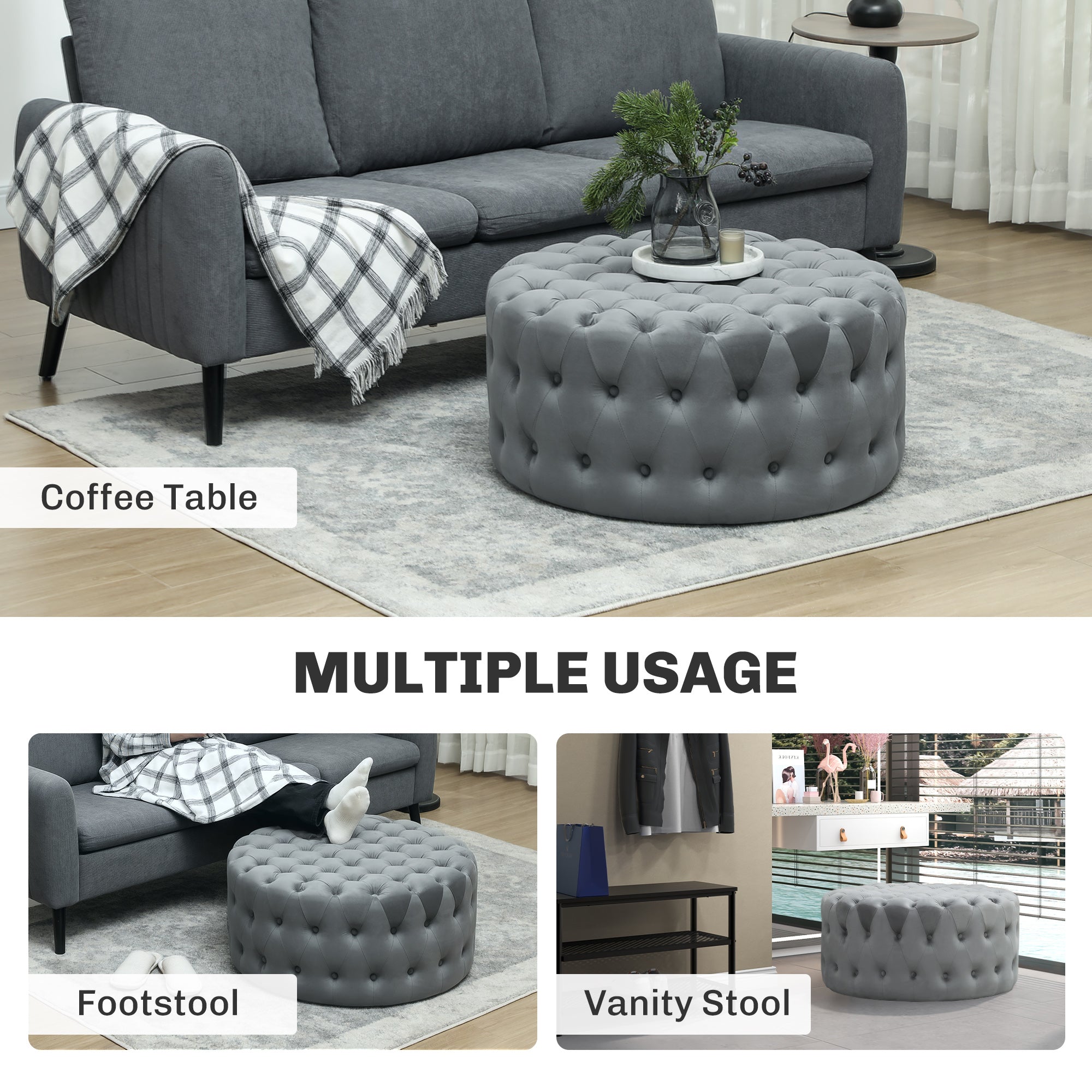 Dark Gray Velvet Ottoman
