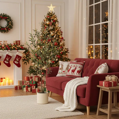 5ft Artificial Christmas Tree With White Planter Natural Fake Tree Indoor Holiday Decor Easy Care Artificial Fir For Home Festive Display Gift For Christmas No Maintenance Tree FBA Shipment