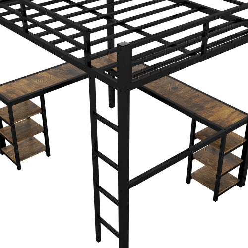 Black Metal Loft Bed With Desk And Shelves