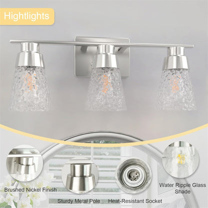 3 Light Brushed Nickel Bathroom Vanity Light Fixtures With Clear Hammered Glass Shade, 22 Inch Bathroom Lighting Fixtures Over Mirror, For Bathroom Shower Toilet