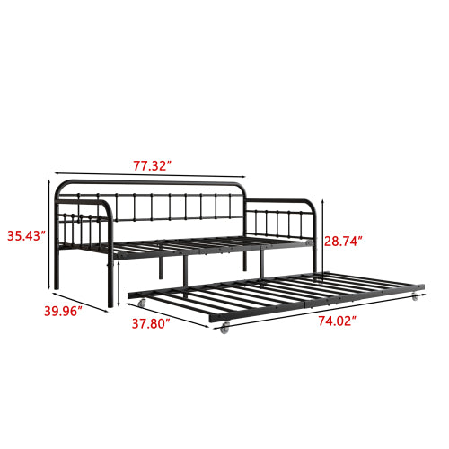 Twin Size Metal Daybed Frame With Trundle, Heavy Duty Steel Slat Support Sofa Bed Platform With Headboard, No Box Spring Needed, Black