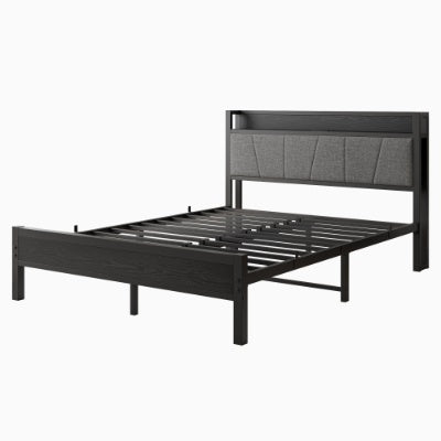 Black Metal Storage Bed Charging Station Headboard