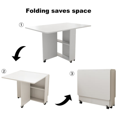 Folding Drop Leaf Dining Table With 6 Wheels And 2-Layer Storage Shelf, Space Saving Table For Small Spaces, 47.2 Inch D X 23.6 Inch W X 30.3 Inch H, White