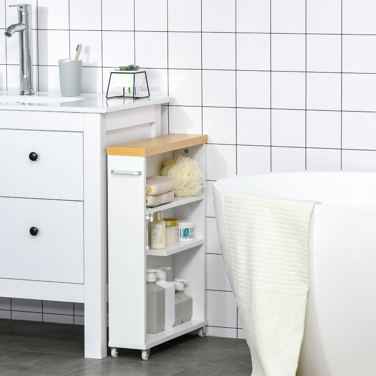 Slim Bathroom Cabinet with Castor Wheels Storage Organizer and Shelves To Fit In Small Spaces