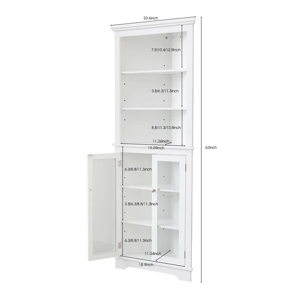 FRALIMK Matte White Tall Corner Storage Cabinet, Floor Storage Narrow Organizers With Double Glass Doors And Adjustable Shelves