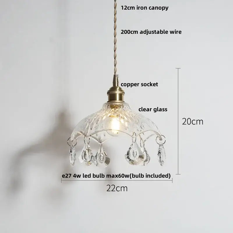 Faceted clear glass copper pendant lamp with brass socket and crystal teardrops for dining room decorbites clear glass