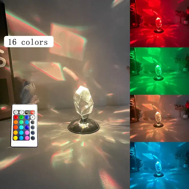 Faceted crystal diamond table lamp with clear crystal facets, black base, and 16 color led lighting options