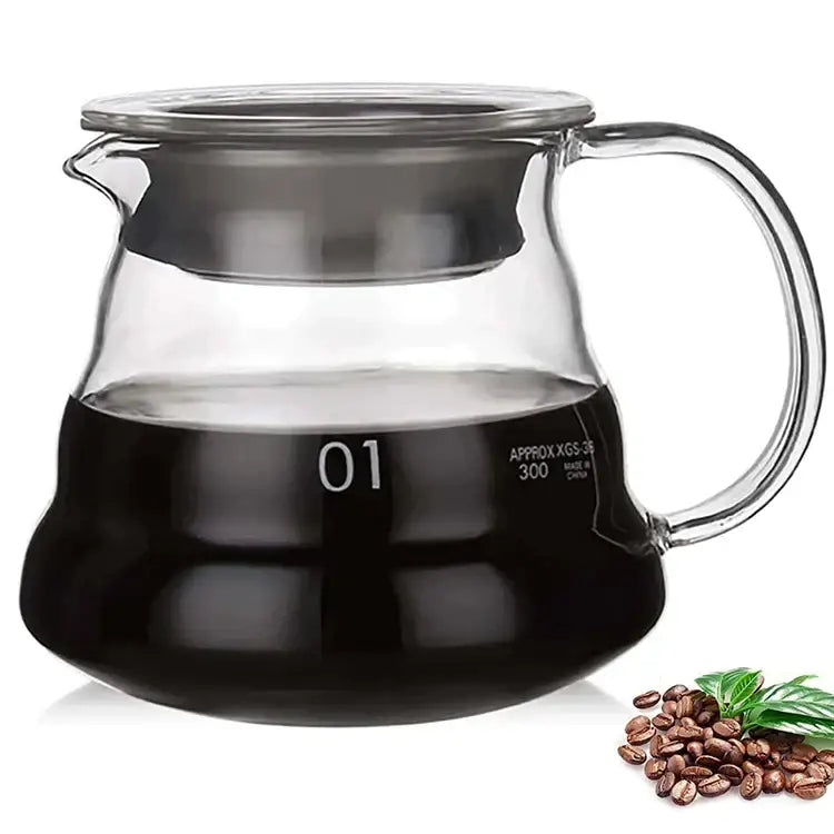 Clear glass coffee carafe with lid handle and filter cup marked 01 for faceted dark tinted diamond glass coffee use