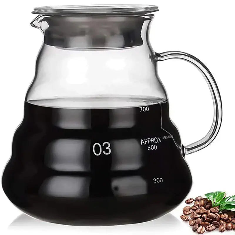 Clear glass coffee carafe with silver lid and handle featuring volume measurements for faceted dark tinted diamond glass filter cup