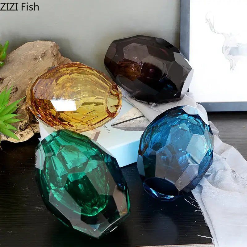 Four faceted glass decorative orbs in amber, emerald green, deep blue, and dark brown for office desk decorbites amber glass vase set