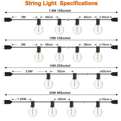 Faceted glass g40 string lights with clear globe bulbs and visible filaments on black sockets for outdoor use