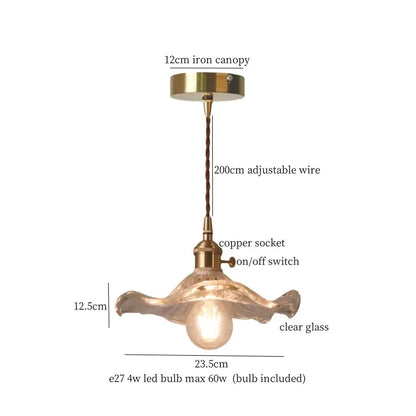 Faceted glass pleats led pendant light featuring a brass iron canopy copper socket and clear glass shade for dining room