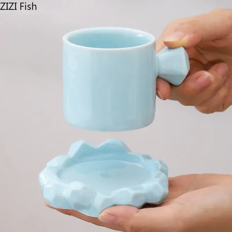 Faceted light blue porcelain coffee mug set with ceramic mug and matching coaster for kitchen decor and daily use
