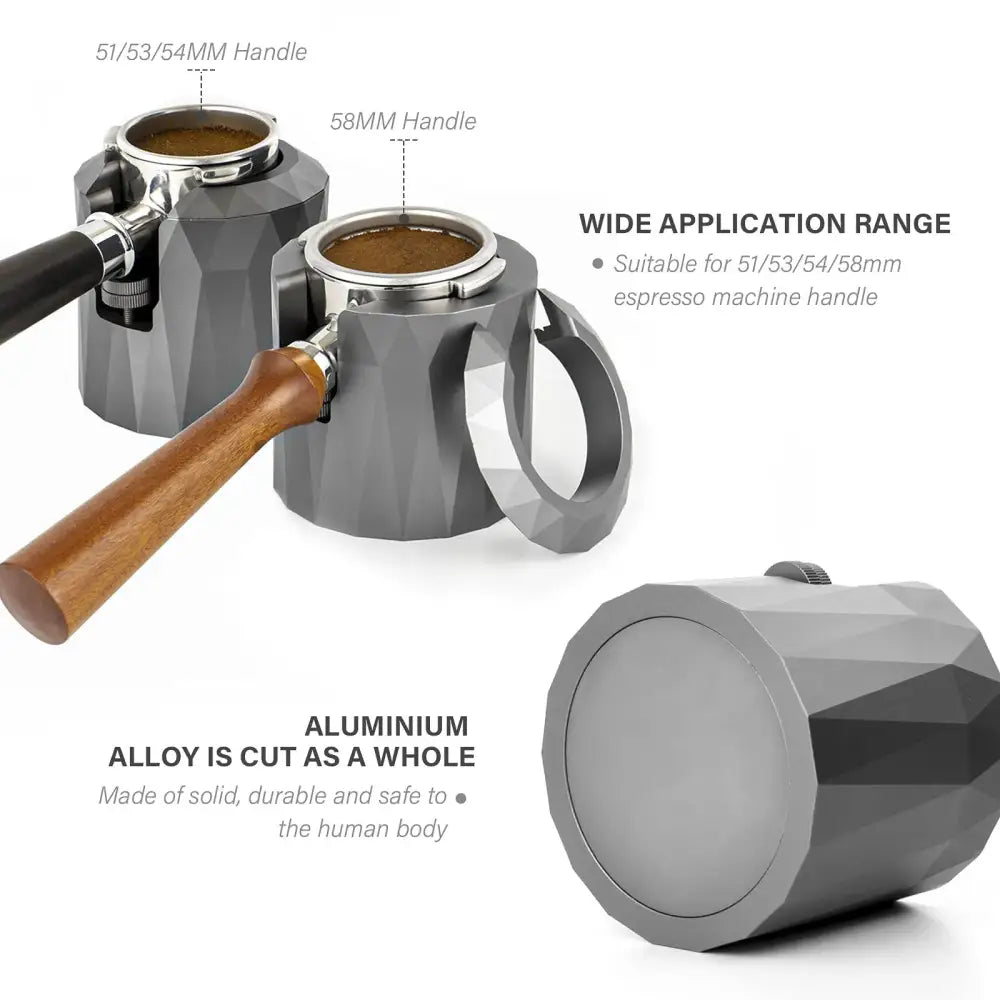 Faceted matte black metal espresso portafilter holder with geometric gray aluminum alloy handle and wooden grip