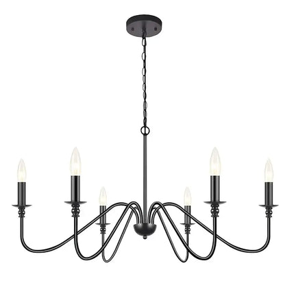 Farmhouse decorbites black 6-light wrought iron chandelier with candle-style bulbs for dining room lighting decor