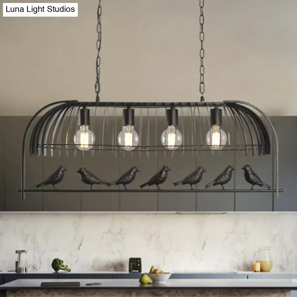 Black wrought iron bird-themed light fixture with four exposed bulbs for dining room ceiling use