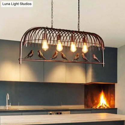 Industrial-style black metal birdcage light fixture with five edison bulbs and birds for dining room ceiling light fixture