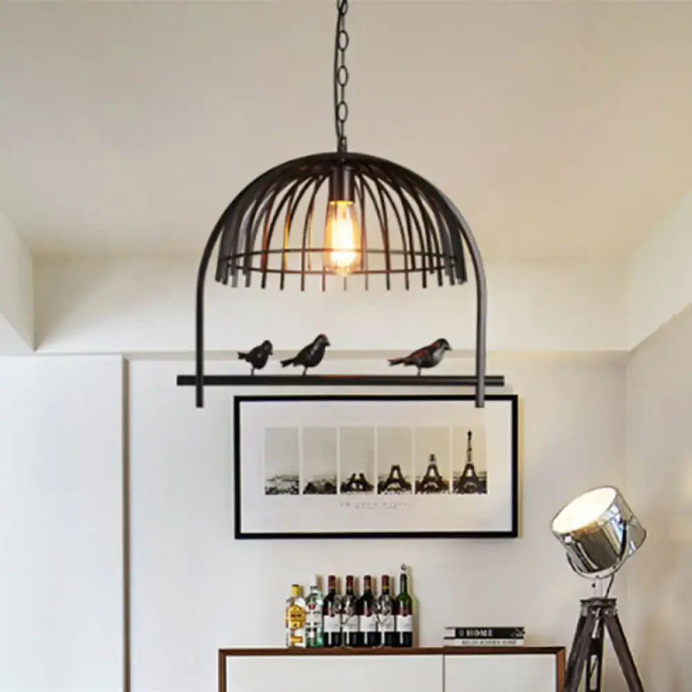 Black wrought iron birdcage light fixture with exposed filament bulb for dining room ceiling lighting