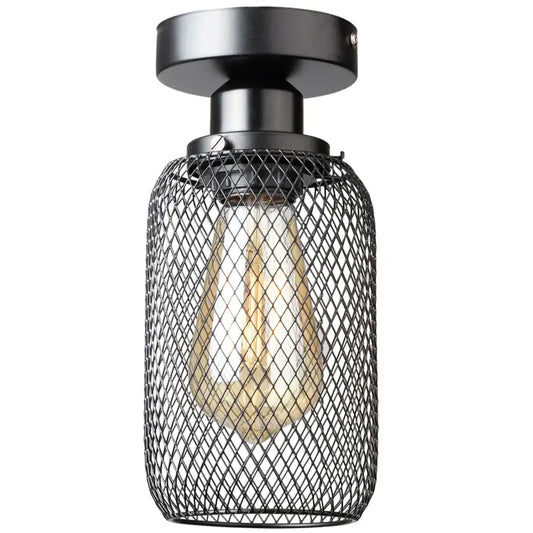 Farmhouse black metal cage ceiling light with exposed filament bulb and mesh design by decorbites black metal