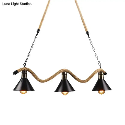 DecorBites Black metal and rope farmhouse style pendant light with three conical shades 110v-120v 220v-240v compatible