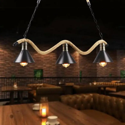 Industrial-style three-light pendant lamp with black metal shades and natural rope suspension farmhouse style 220v-240v 110v-120v