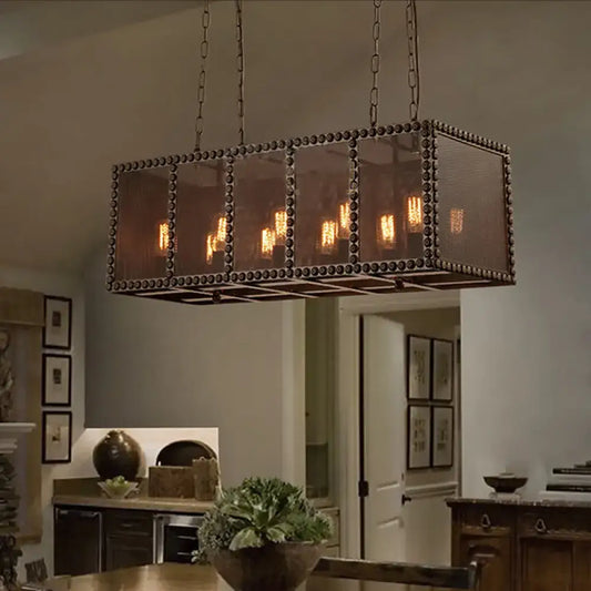 DecorBites stylish black rectangular ceiling light with wire net metal shade and exposed filament bulbs hanging from chains