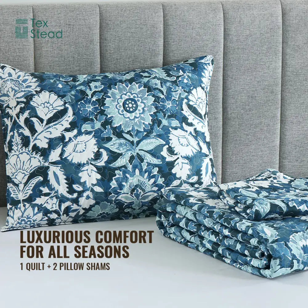 Farmhouse blue and white floral quilted bedding set with textured fabric finish for bedroom decor
