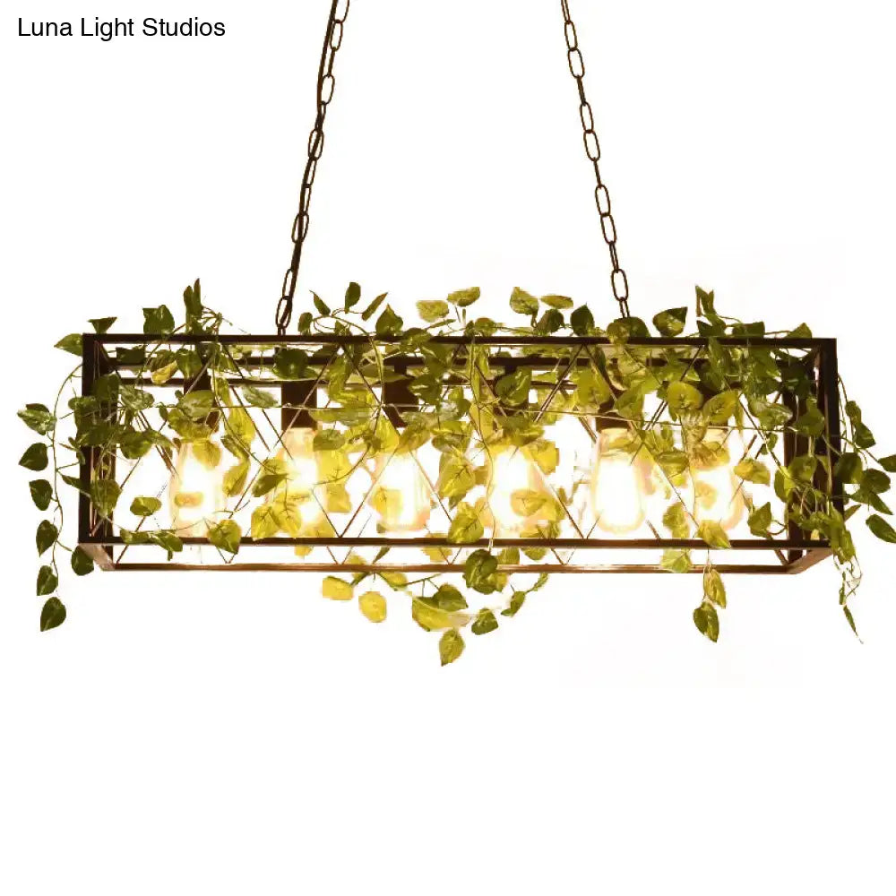 Decorbites farmhouse style bronze wrought iron rectangular hanging lamp with 6 lights, green vines, 220v-240v 110v-120v