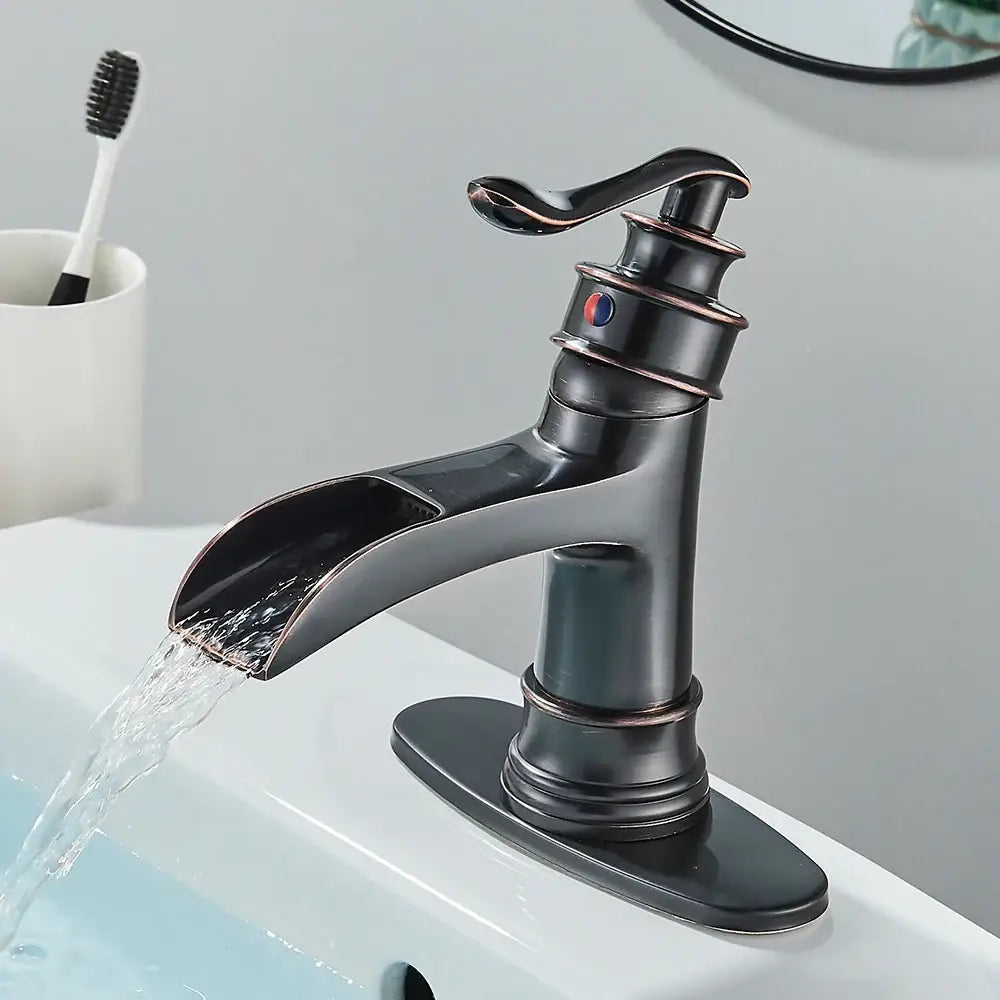 Antique bronze finish farmhouse oil rubbed bronze single handle waterfall faucet for bathroom sink single hole installation