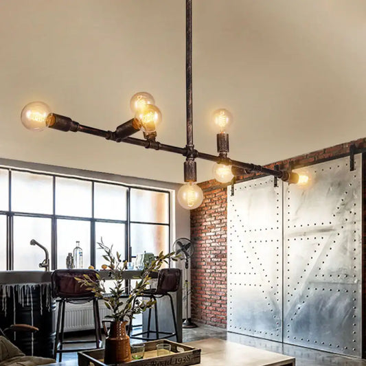 Industrial-style black pipe chandelier farmhouse style antique bronze wrought iron island pendant light with exposed bulbs