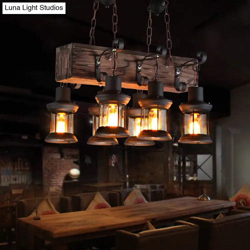 Decorbites farmhouse ceiling pendant light with rustic wood beam dark metal chains and five amber glass bulbs