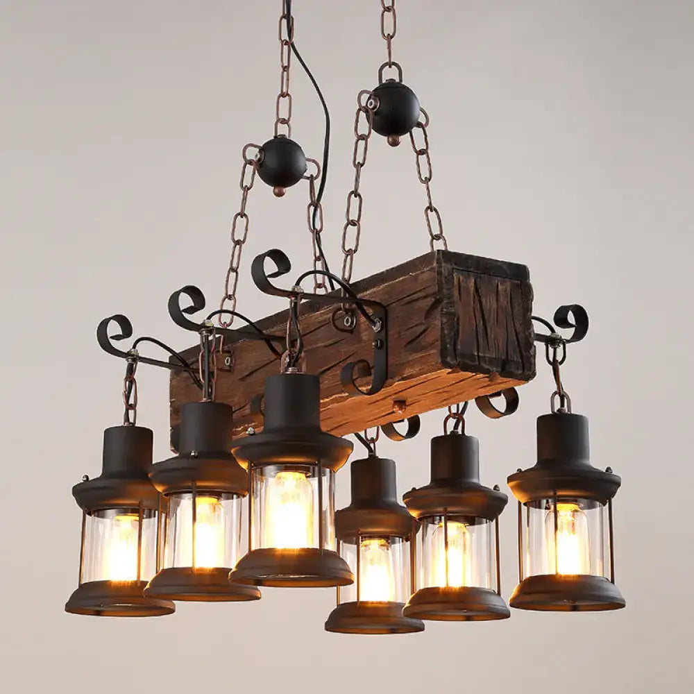 DecorBites farmhouse ceiling pendant light with five black metal lanterns, clear glass panels, and rustic wooden beams