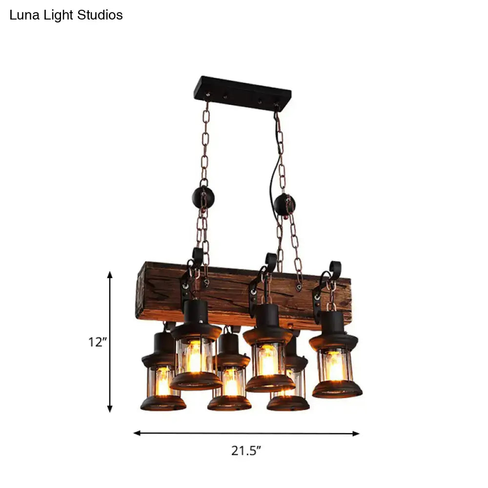 Rustic decorbites farmhouse ceiling pendant light with five clear glass lanterns brown wood block top and black metal chains