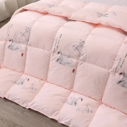 Pink quilt with embroidered swans and chinese calligraphy made of white goose down for winter bedding