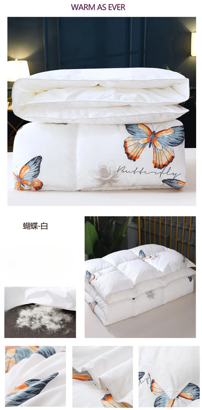 White goose down quilt with colorful butterfly illustrations and elegant script, soft and comfortable for winter bedding