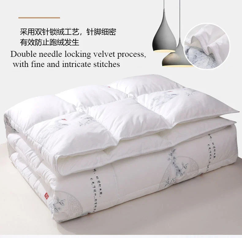 White goose down quilt with delicate floral embroidery and chinese calligraphy crafted with double needle locking velvet stitching