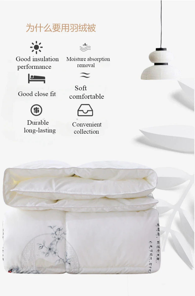 White goose down quilted comforter with delicate floral embroidery and subtle chinese calligraphy edge design