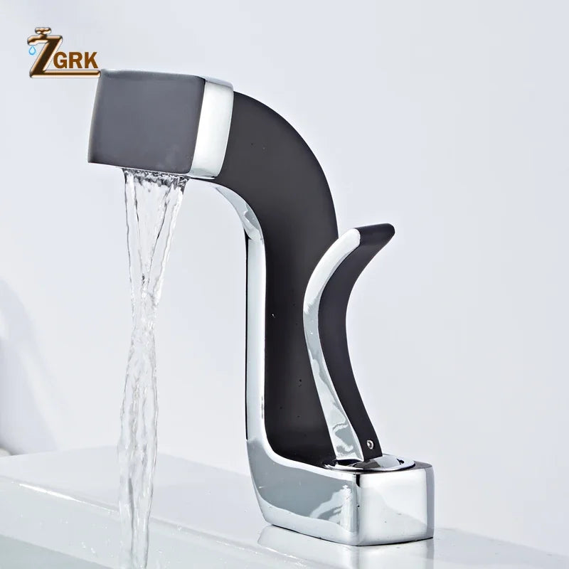 Black and chrome luxury waterfall single hole faucet with sleek curved design and durable brass housing material for bathroom use