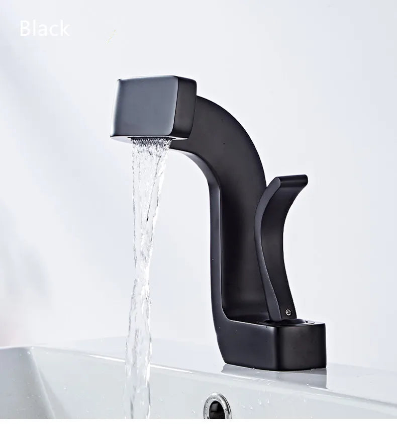 Black matte single hole bathroom faucet with brass housing material and sleek waterfall spout for luxury washbasins