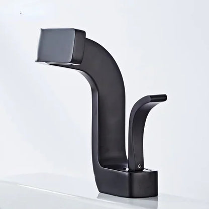 Modern matte black single hole brass faucet with sleek curved design and square spout for luxury bathroom use