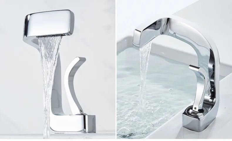 Modern chrome single hole bathroom faucet with sleek angular design curved spout brass housing material