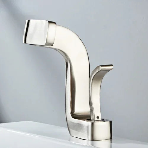 Modern brushed nickel single hole bathroom faucet with square spout featuring durable brass housing material