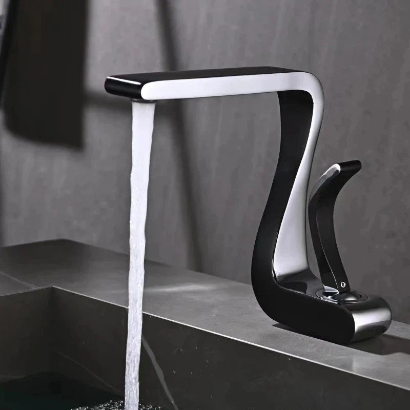 Modern black and chrome single hole waterfall faucet with brass housing material for luxury bathroom use