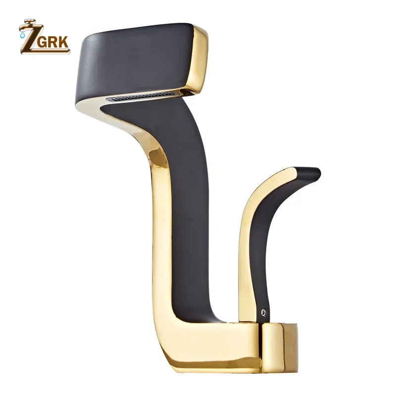 Modern single hole bathroom faucet with two-tone black and gold brass housing material for luxury washbasin use