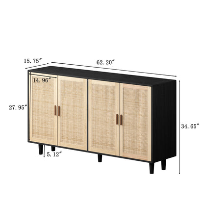 62.20  Elegant And Functional 4 Door Rattan Decorative Storage Cabinet,for Bedroom,Living Room,Office,Easy Assembly,Black