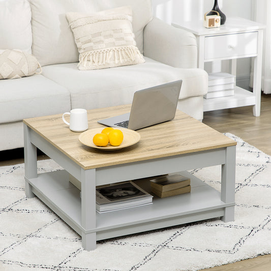 Square Coffee Table with Storage for Living Room, Natural/Gray